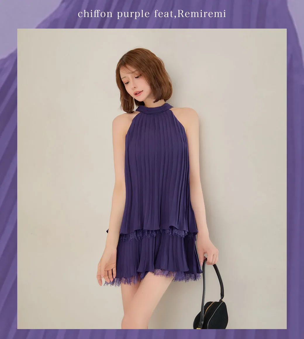 【ROBE de FLEURS/ローブドフルール】ホルター/ リボン/ レースプリーツ/ ラメシフォン/ ティアード/ 2段フリル/ フレア/ ミニドレス/ キャバドレス