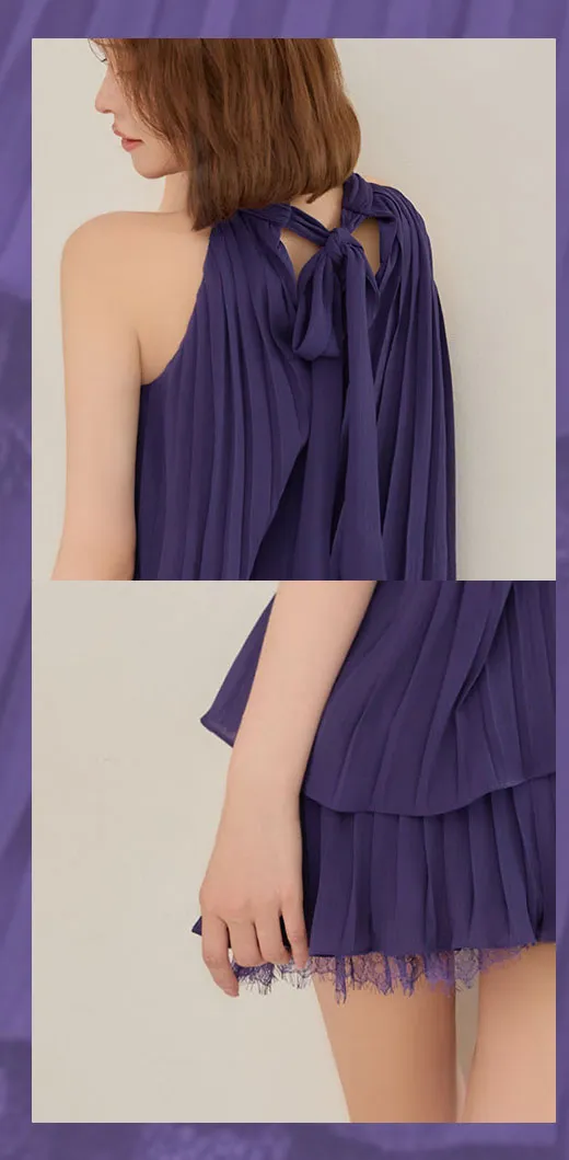 【ROBE de FLEURS/ローブドフルール】ホルター/ リボン/ レースプリーツ/ ラメシフォン/ ティアード/ 2段フリル/ フレア/ ミニドレス/ キャバドレス