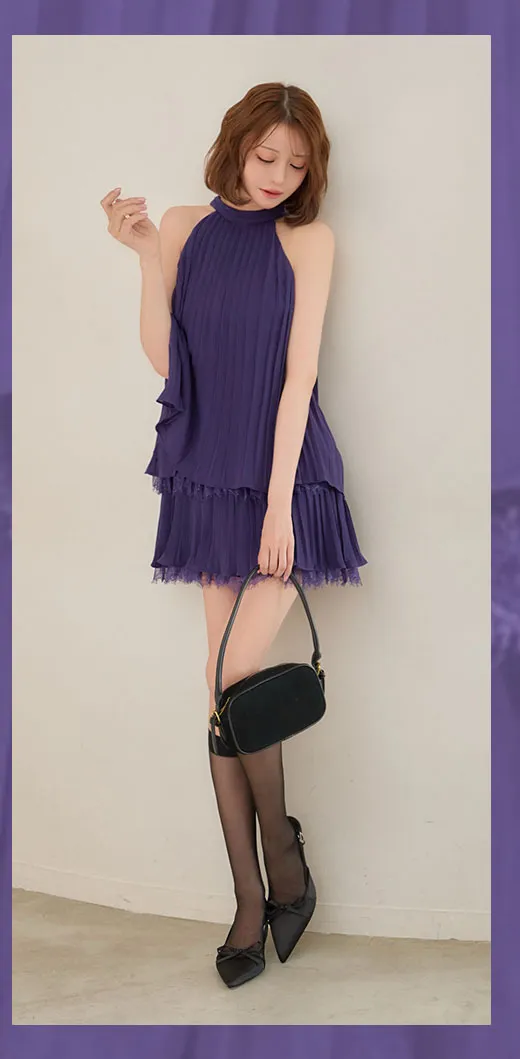 【ROBE de FLEURS/ローブドフルール】ホルター/ リボン/ レースプリーツ/ ラメシフォン/ ティアード/ 2段フリル/ フレア/ ミニドレス/ キャバドレス