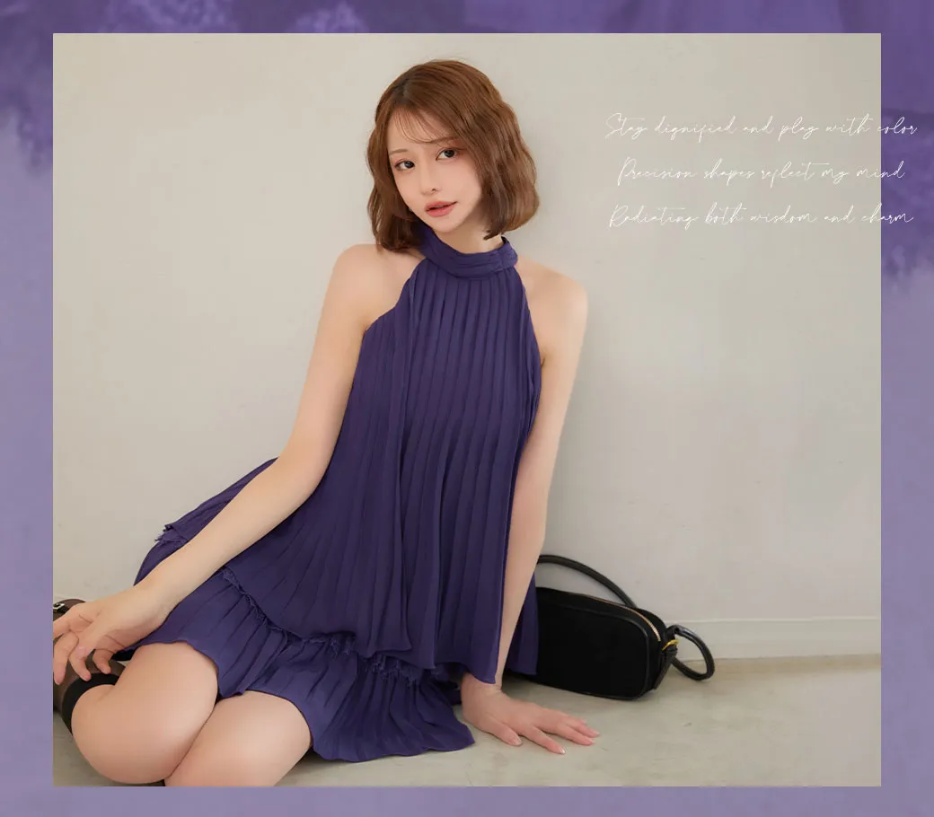 【ROBE de FLEURS/ローブドフルール】ホルター/ リボン/ レースプリーツ/ ラメシフォン/ ティアード/ 2段フリル/ フレア/ ミニドレス/ キャバドレス