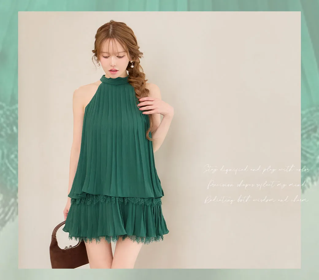 【ROBE de FLEURS/ローブドフルール】ホルター/ リボン/ レースプリーツ/ ラメシフォン/ ティアード/ 2段フリル/ フレア/ ミニドレス/ キャバドレス