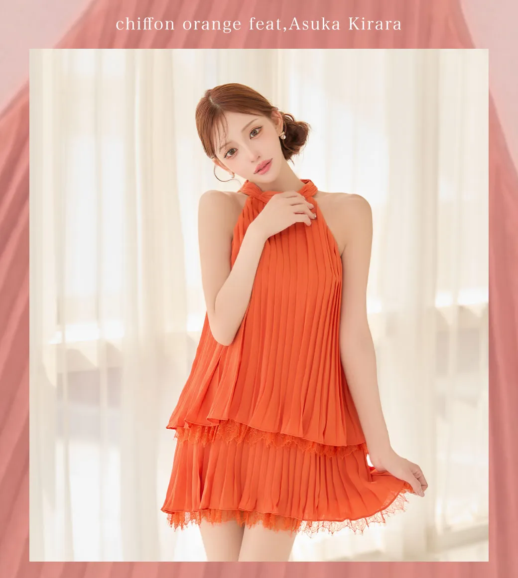 【ROBE de FLEURS/ローブドフルール】ホルター/ リボン/ レースプリーツ/ ラメシフォン/ ティアード/ 2段フリル/ フレア/ ミニドレス/ キャバドレス