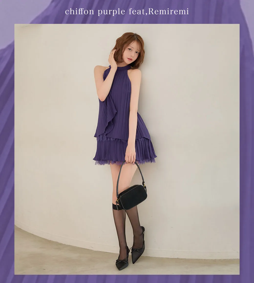 【ROBE de FLEURS/ローブドフルール】ホルター/ リボン/ レースプリーツ/ ラメシフォン/ ティアード/ 2段フリル/ フレア/ ミニドレス/ キャバドレス