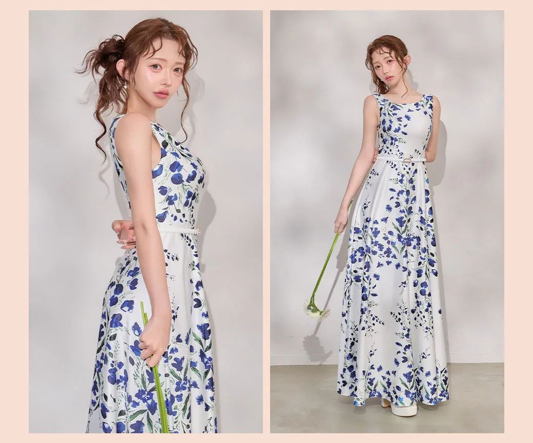 【ANDY/アンディ】ベアトップ/ ウエストカット/ ノースリーブ/ 総柄/ リボン/ Aライン/ フレア/ ワンピース/ ロングドレス/ キャバドレス