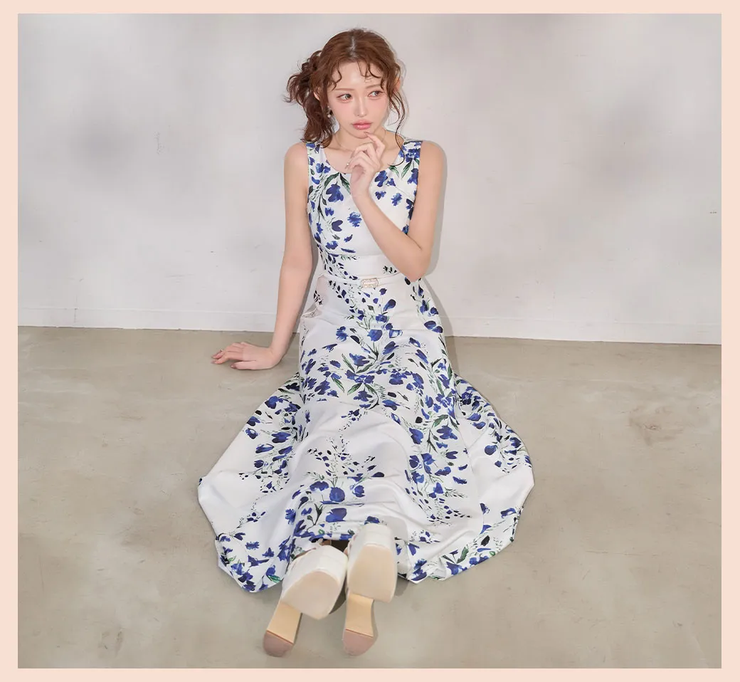 【ANDY/アンディ】ベアトップ/ ウエストカット/ ノースリーブ/ 総柄/ リボン/ Aライン/ フレア/ ワンピース/ ロングドレス/ キャバドレス