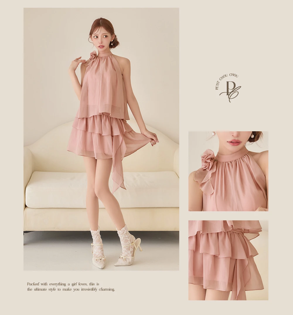 【IRMA/イルマ】ローズモチーフブローチ付のシフォンフリルスカートセットアップミニドレス 3