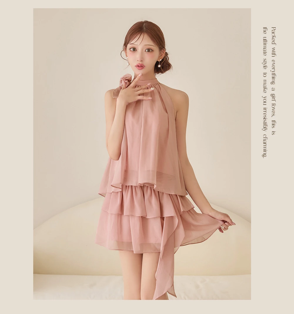 【IRMA/イルマ】ローズモチーフブローチ付のシフォンフリルスカートセットアップミニドレス 4