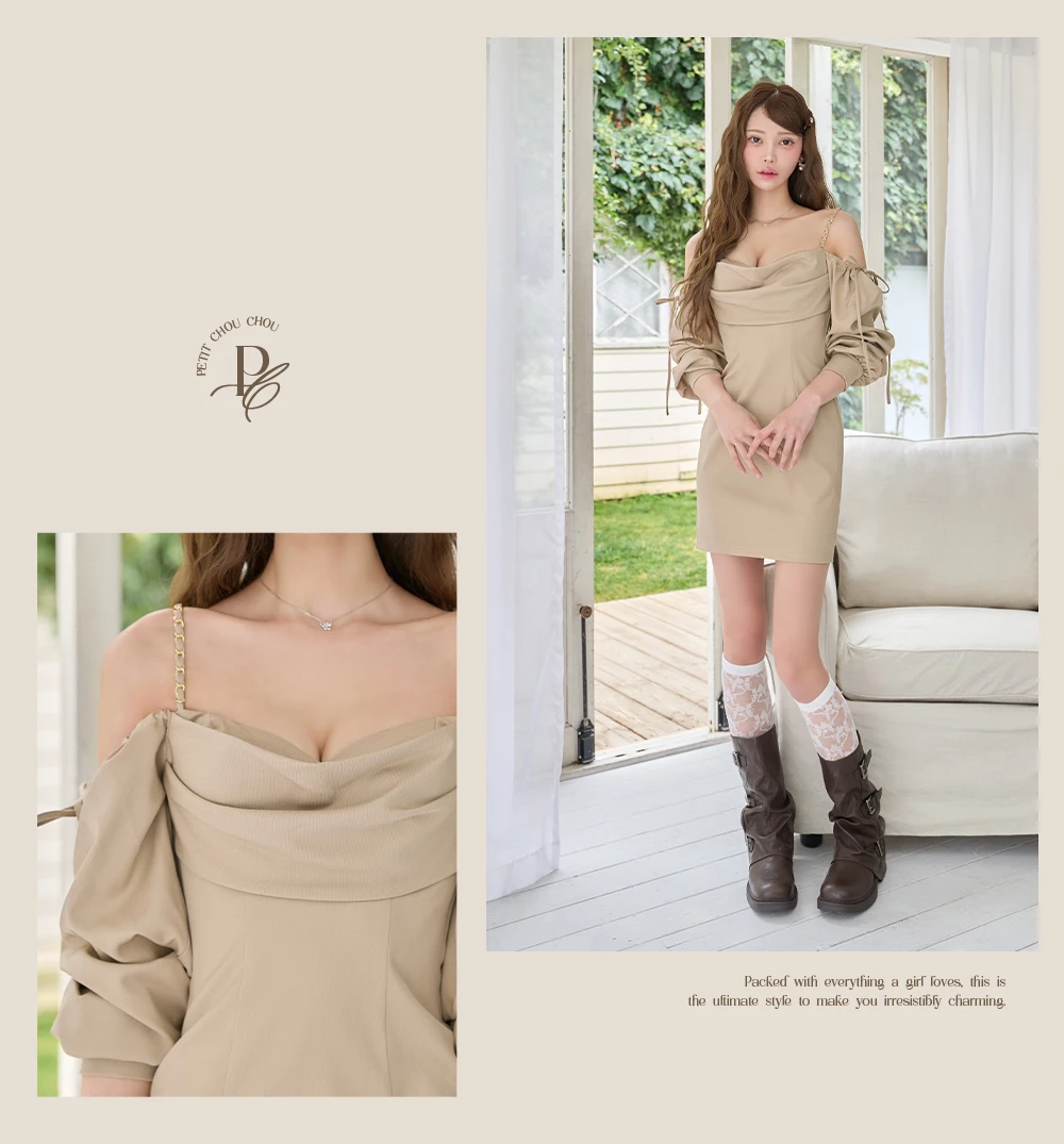 【ANGEL R/エンジェルアール】バストドレープ/ リボン/ 2way/ ロングスリーブ/ オフショル/ シンプル/ タイト/ ミニドレス/ キャバドレス 3