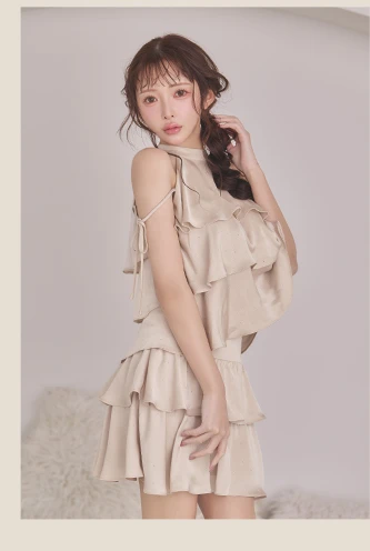 【ERUKEI エルケイ】フラワーレース/ ショルダーリボン/ 刺繍/ シンプル/ ワンカラー/ ノースリーブ/ シアー/ インナーミニ/ ワンピース/ マキシ丈/ ロングドレス/ キャバドレス long