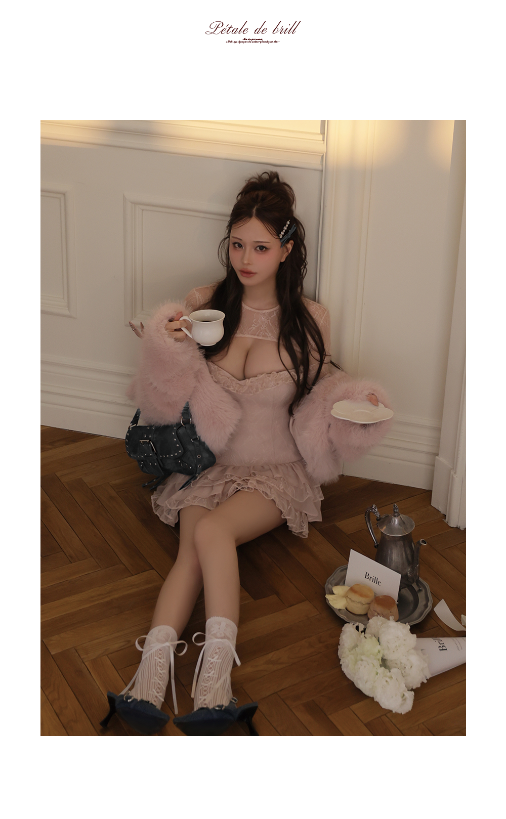 【Brille フリルチュールミニドレス ピンクベージュ フェミニン 上品ドレス