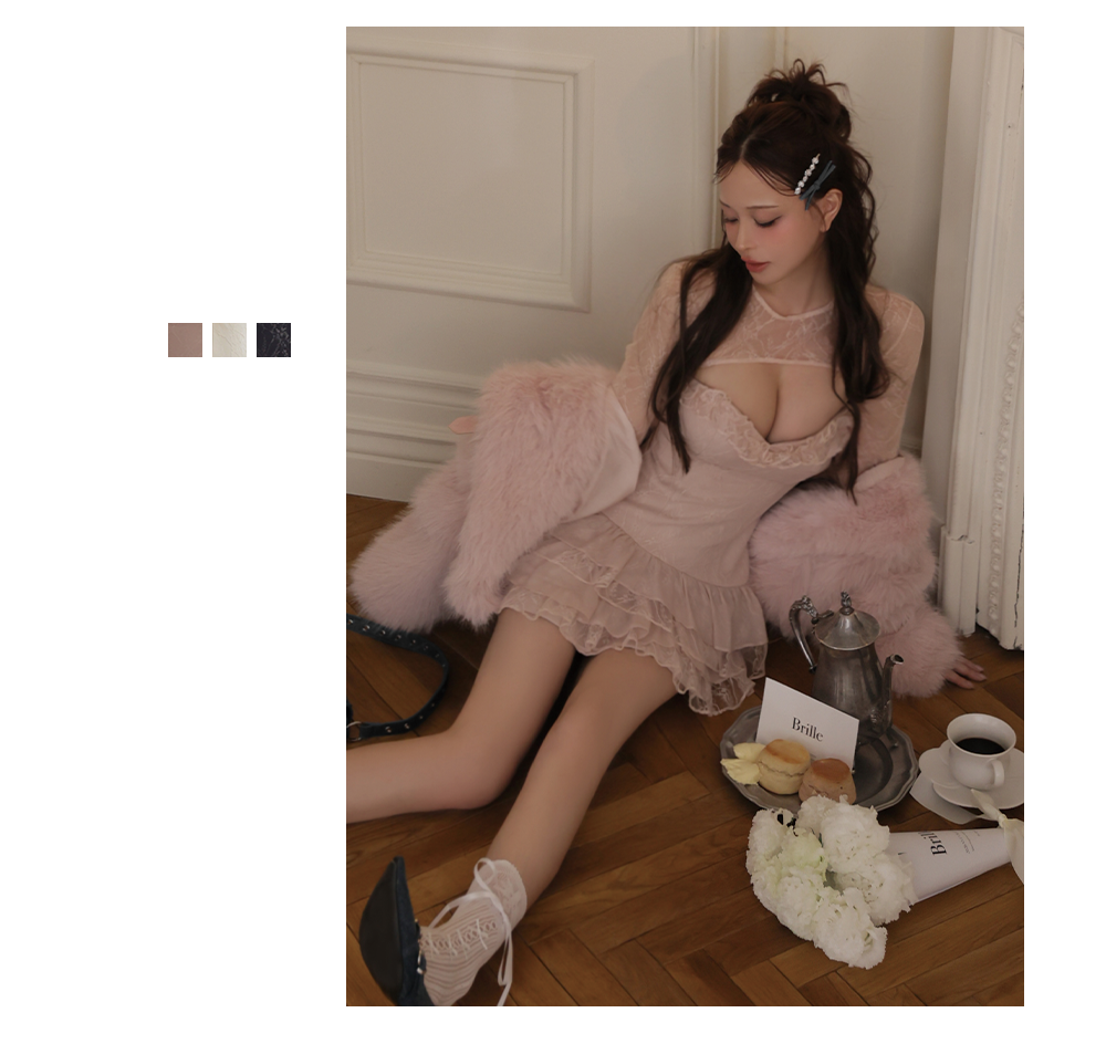 Brille フリルチュールミニドレス ピンクベージュ フェミニン 上品ドレス3