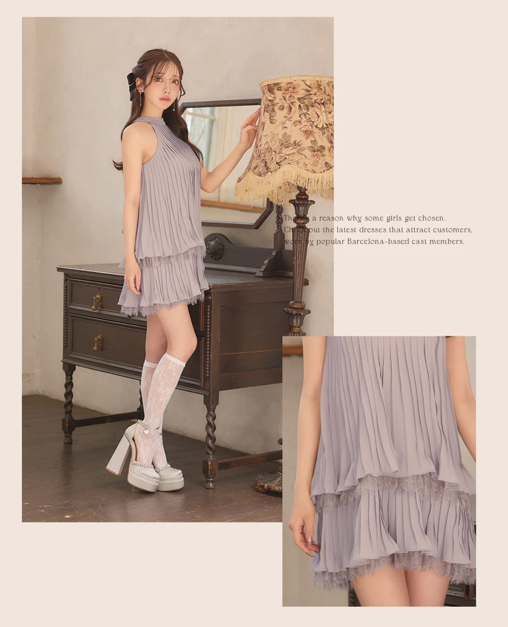 【ROBE de FLEURS/ローブドフルール】ホルター/ リボン/ レースプリーツ/ ラメシフォン/ ティアード/ 2段フリル/ フレア/ ミニドレス/ キャバドレス 2