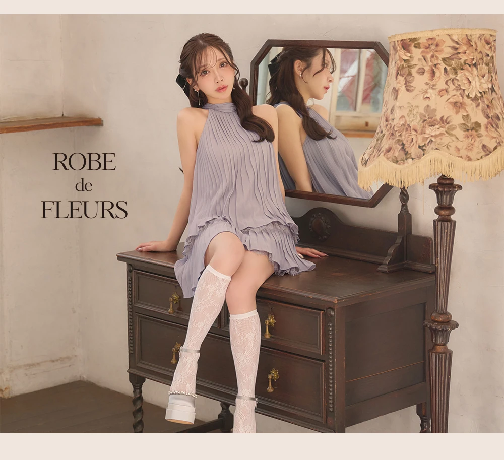 【ROBE de FLEURS/ローブドフルール】ホルター/ リボン/ レースプリーツ/ ラメシフォン/ ティアード/ 2段フリル/ フレア/ ミニドレス/ キャバドレス 4