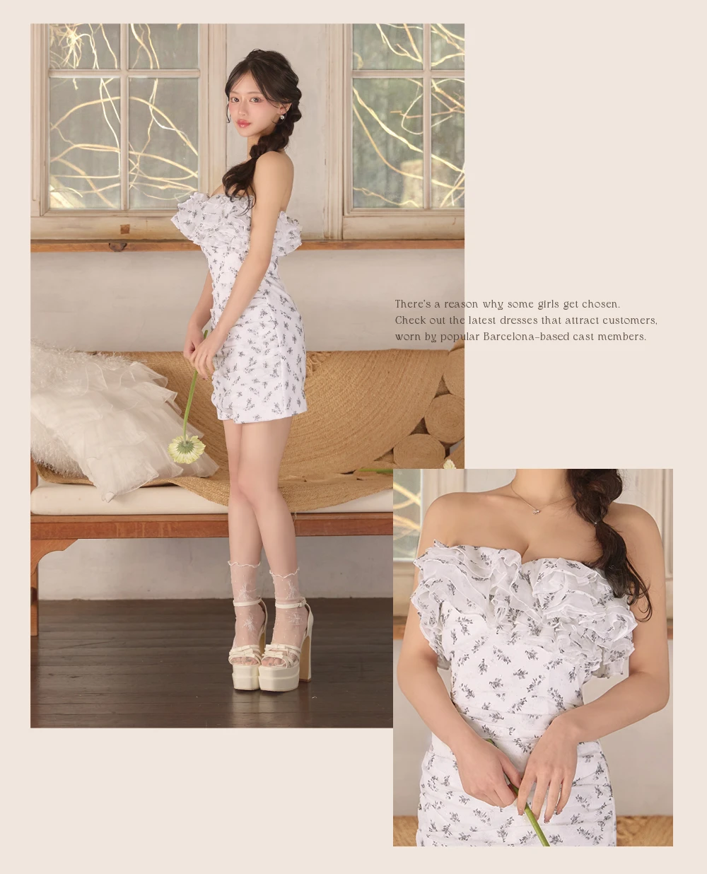 【ROBE de FLEURS/ローブドフルール】ラメ/ フラワー/ ギャザー/ シフォン/ フリル/ ワンショル/ ベア/ 2way/ タイト/ ミニドレス/ キャバドレス 2