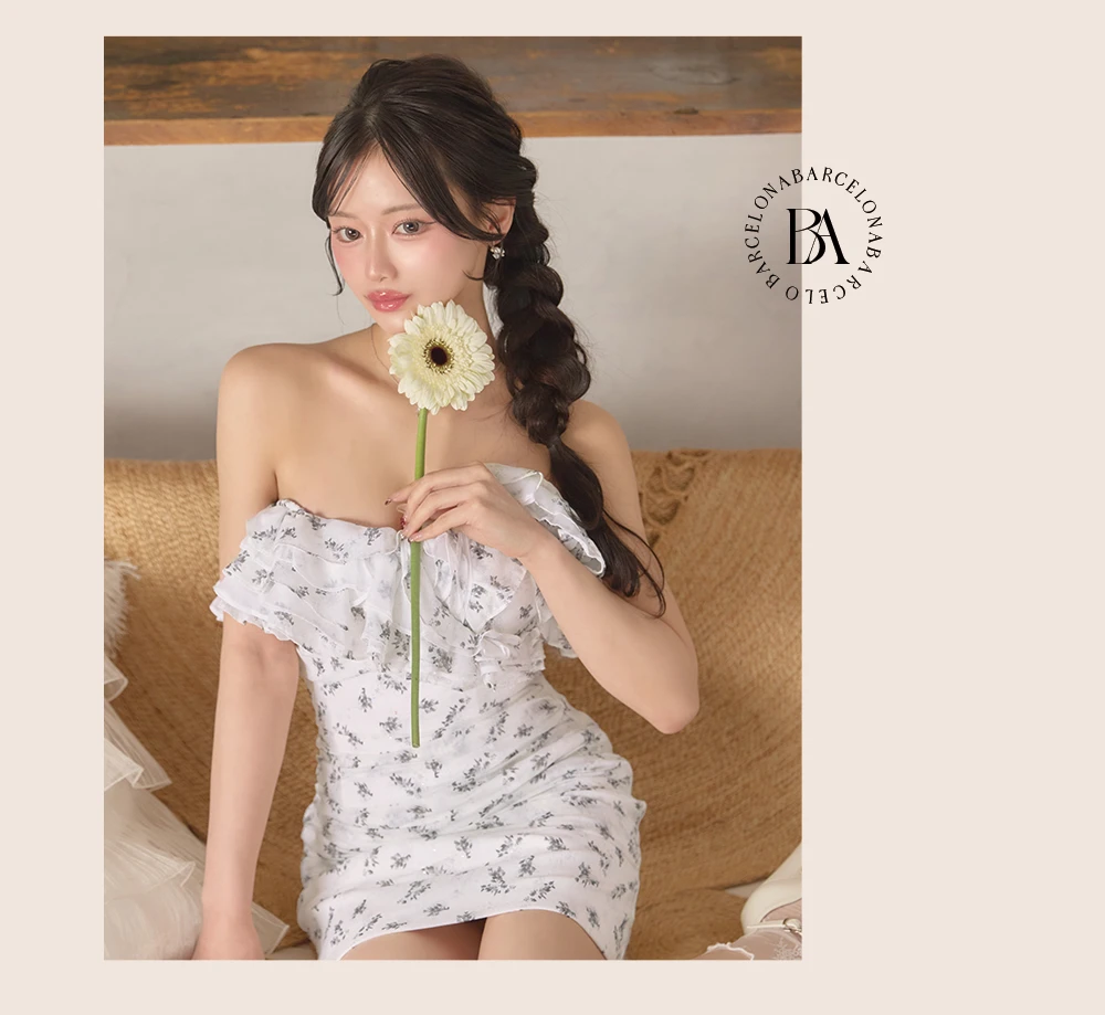 【ROBE de FLEURS/ローブドフルール】ラメ/ フラワー/ ギャザー/ シフォン/ フリル/ ワンショル/ ベア/ 2way/ タイト/ ミニドレス/ キャバドレス 3