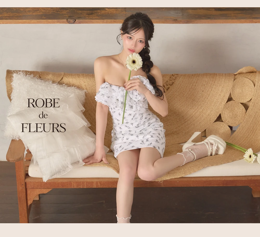 【ROBE de FLEURS/ローブドフルール】ラメ/ フラワー/ ギャザー/ シフォン/ フリル/ ワンショル/ ベア/ 2way/ タイト/ ミニドレス/ キャバドレス 4