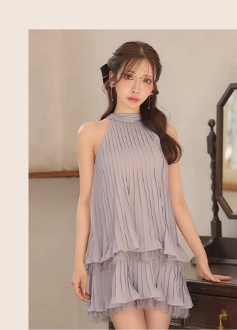 【ROBE de FLEURS/ローブドフルール】ホルター/ リボン/ レースプリーツ/ ラメシフォン/ ティアード/ 2段フリル/ フレア/ ミニドレス/ キャバドレス