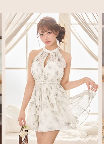 【ROBE de FLEURS/ローブドフルール】フラワー/ シフォン/ ホルター/ フレア/ ミニドレス/ キャバドレス