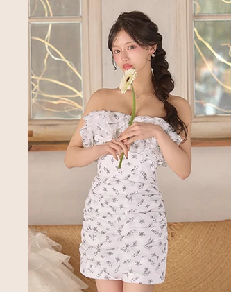 【ROBE de FLEURS/ローブドフルール】ラメ/ フラワー/ ギャザー/ シフォン/ フリル/ ワンショル/ ベア/ 2way/ タイト/ ミニドレス/ キャバドレス