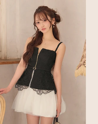 【ROBE de FLEURS/ローブドフルール】フラワーレース/ ぺプラム/ チュール/ ドッキング/ フレア/ ミニドレス/ キャバドレス