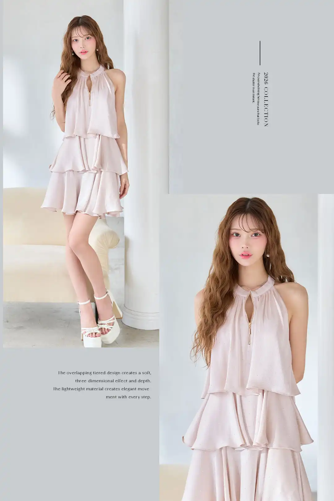 【an/アン】ホルターネック/ プチハイネック/ バストジップ/ ストーン/ リボン/ Aライン/ ティアード/ フリル/ フレア/ ミニドレス/ キャバドレス