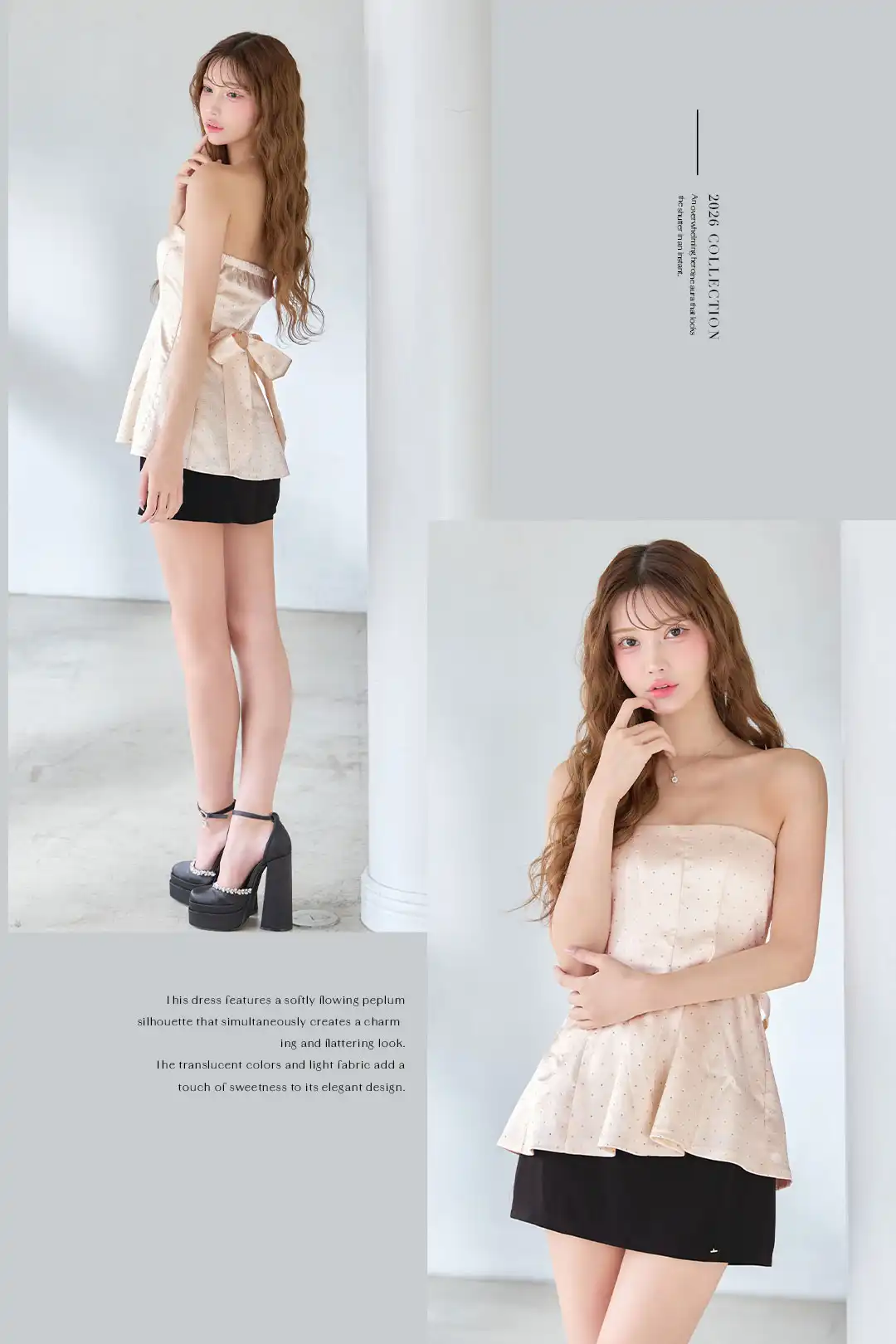 【ANIER./アニエル】【ROBE de FLEURS/ローブドフルール】shiny lady saten set up dress/ バイカラー/ サテン/ ドット/ セットアップ/ ベアトップ/ 台形スカート/ ミニドレス/ キャバドレス