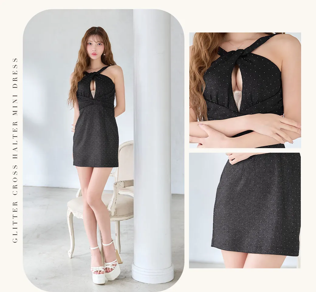 【Glossy/グロッシー】クロスネックデザイン/ ストーン/ ラメニット/ タイト/ ミニドレス/ キャバドレス