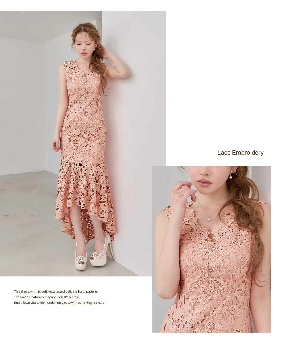 【SETTAN/セッタン】ケミカルレース/ 総レース/ Vネック/ フィッシュテール/ マーメイド/ タイト/ ワンピース/ ミディアムドレス/ キャバドレス 3