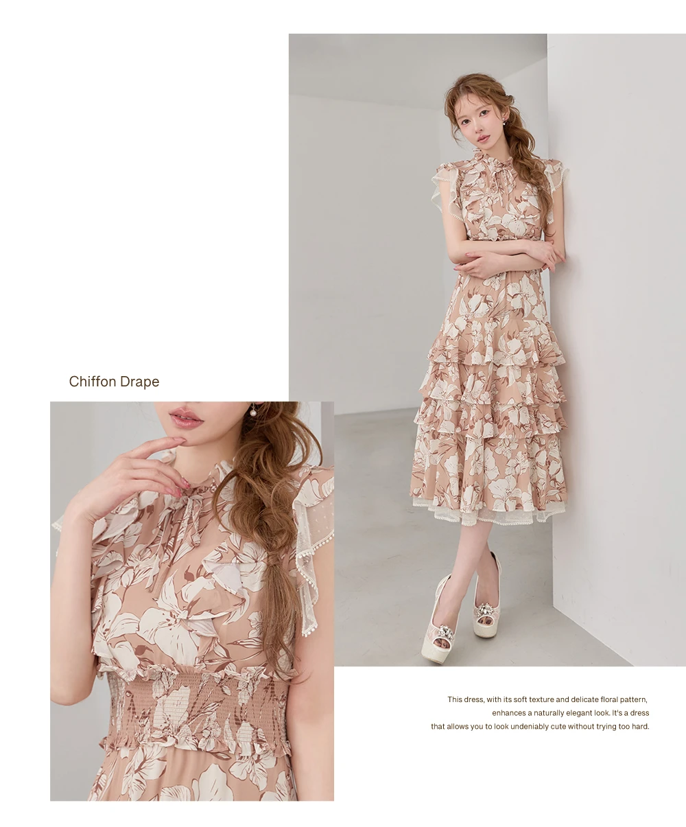 【SETTAN/セッタン】花柄/ シフォン/ フリルスリーブ/ プチハイネック/ ティアード/ Aライン/ ワンピース/ ミディアムドレス/ キャバドレス 3