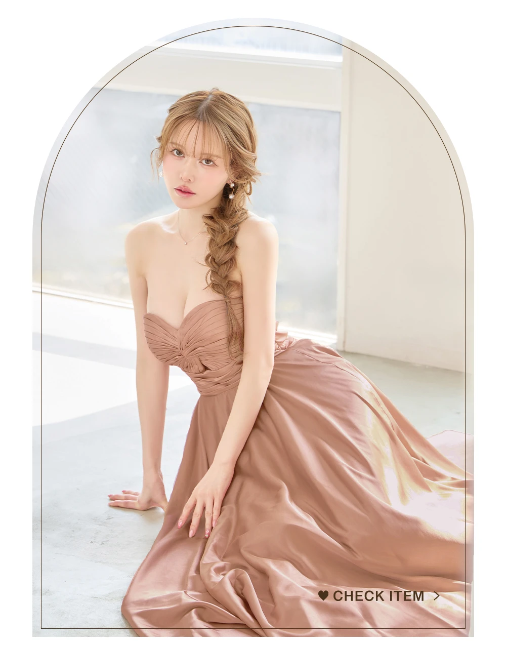 【JEAN MACLEAN/ジャンマクレーン】2way/ サテン/ ストレッチ/ ギャザー/ ベア/ キャミソール/ ウエストマーク/ Aライン/ ウエストカット/ ワンピース/ ミディアムドレス/ キャバドレス 2