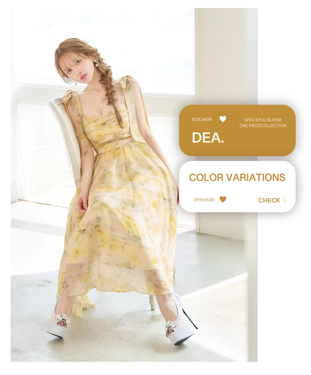 【DEA./ディア】ブラーフローラル/ ギャザー/ リボン/ シフォン/ フレア/ ワンピース/ ミディアムドレス/ キャバドレス 3