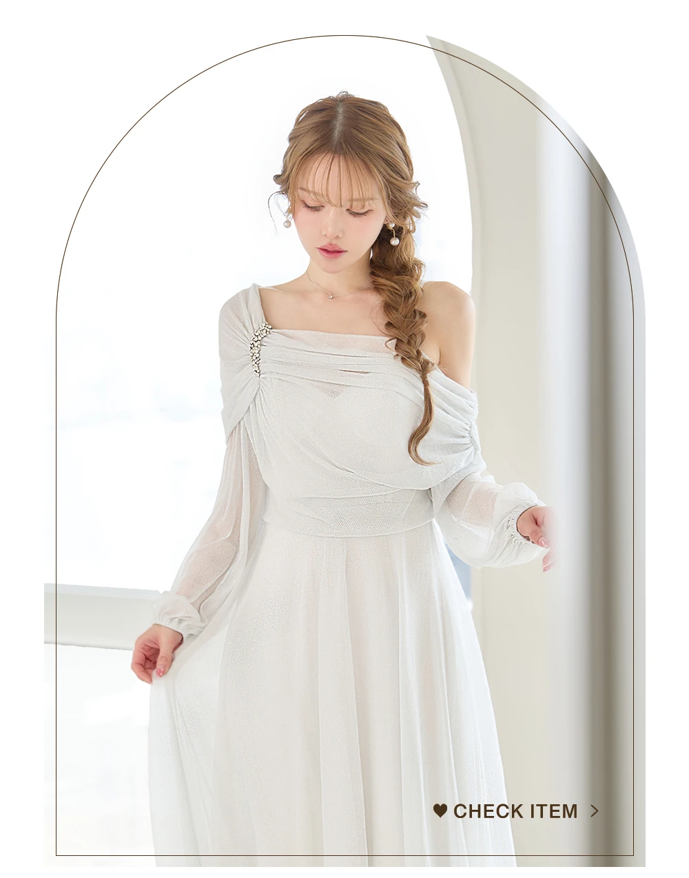 【Veautt/ヴュート】 ロングスリーブ/ アシメショルダー/ ビジュー/ ドレープ/ ラメ/ フレア/ ミディアムドレス/ キャバドレス 2