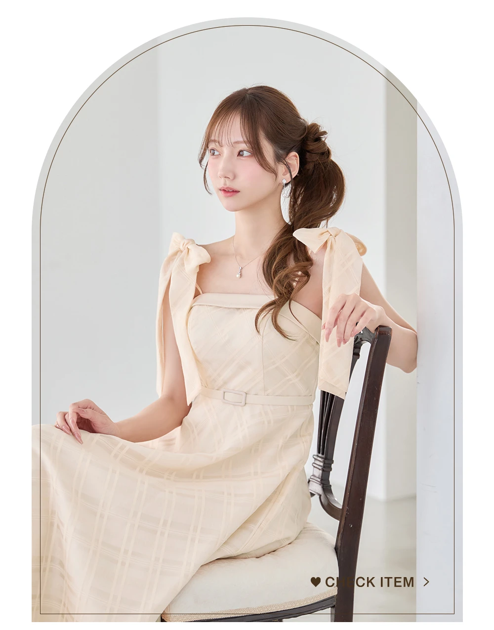 【JEAN MACLEAN/ジャンマクレーン】オーガンジー/チェック/ ショルダーリボン/ ベルト/ キャミソール/ フレア/ ワンピース/ ミディアムドレス/ キャバドレス 2