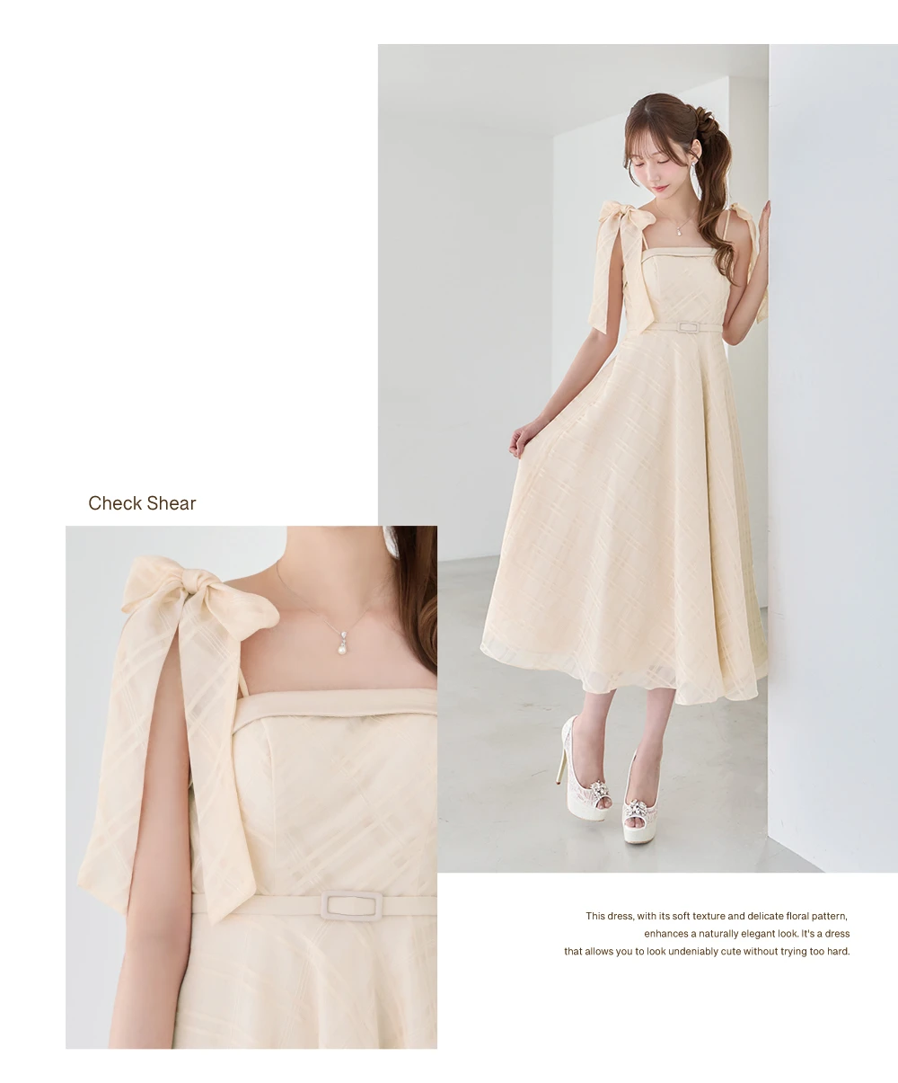 【JEAN MACLEAN/ジャンマクレーン】オーガンジー/チェック/ ショルダーリボン/ ベルト/ キャミソール/ フレア/ ワンピース/ ミディアムドレス/ キャバドレス 3