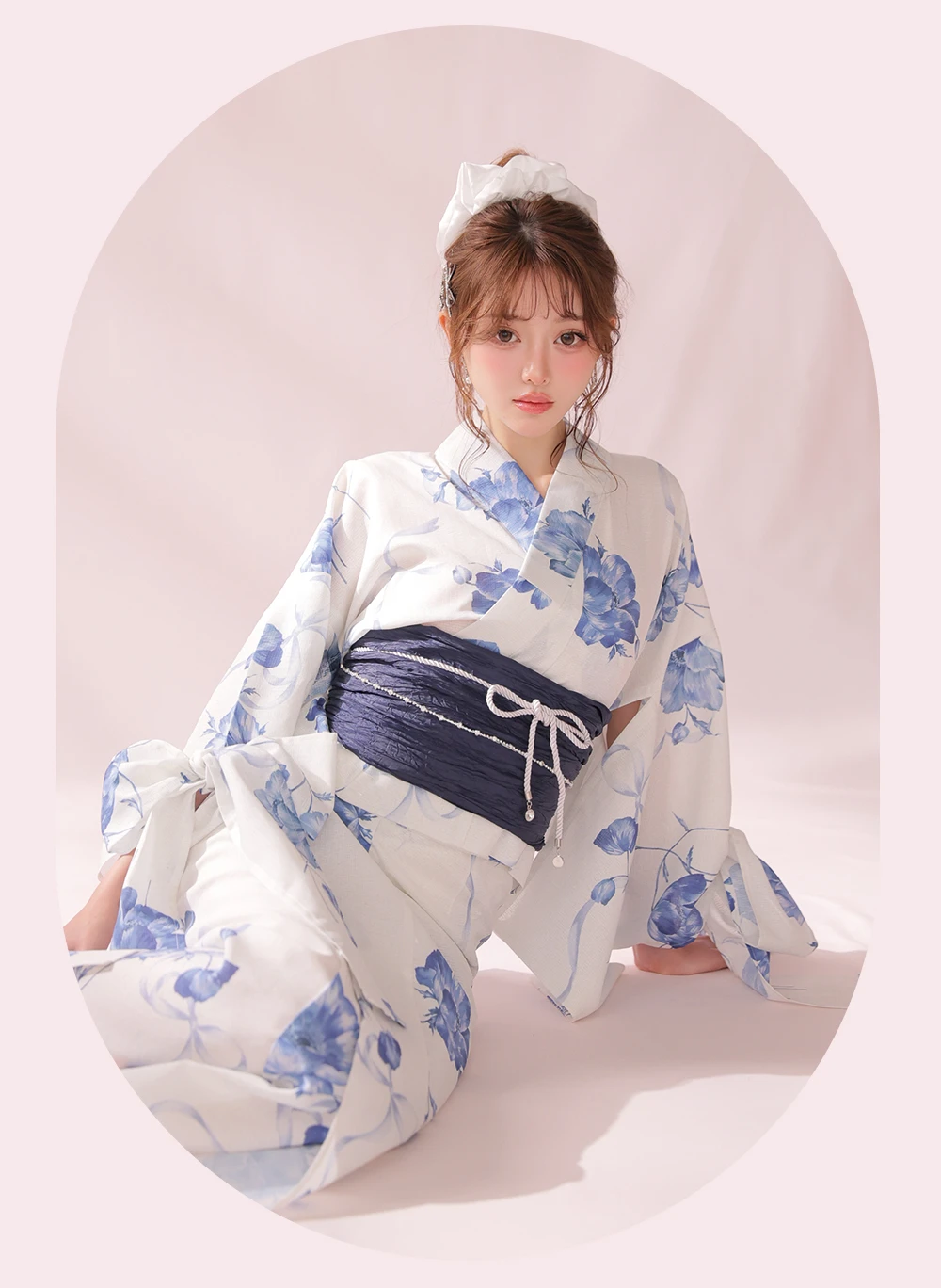 Ribbon Sleeve Flower Yukata Navy 1