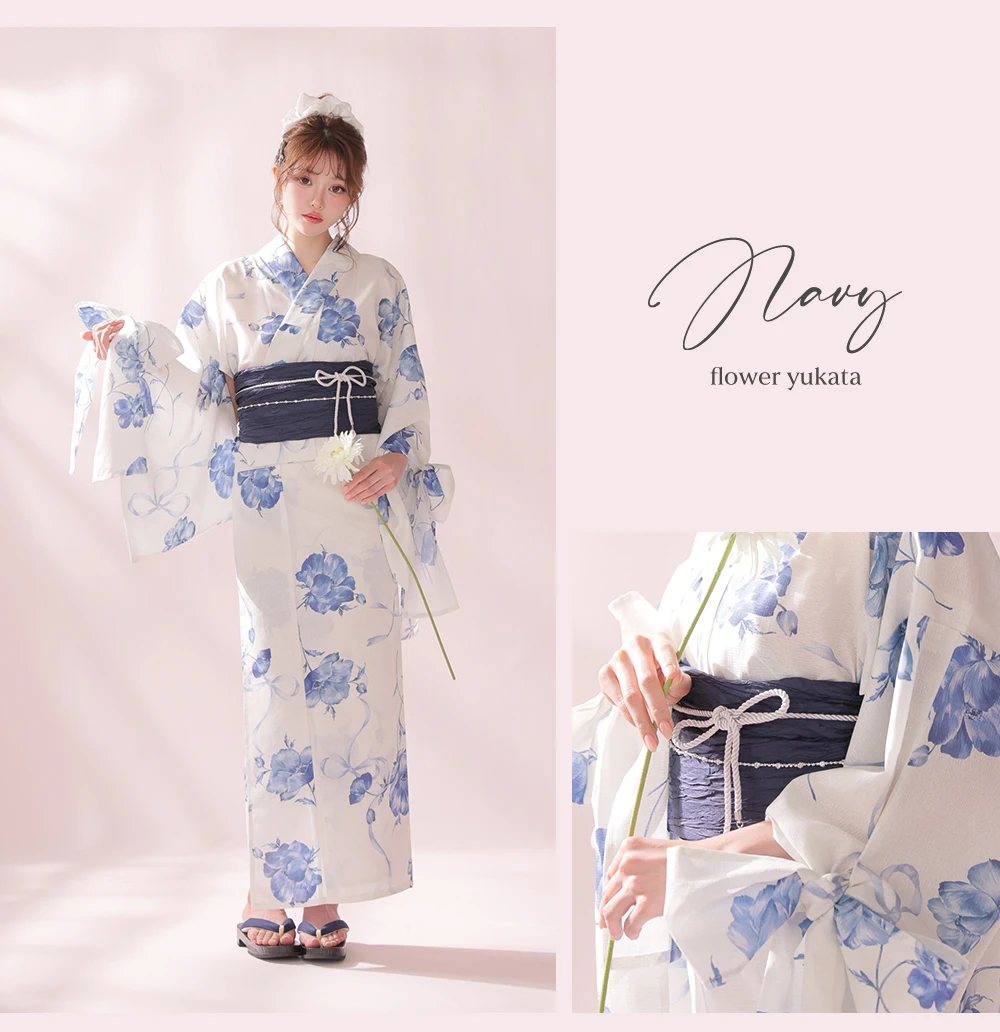 Ribbon Sleeve Flower Yukata Navy 2