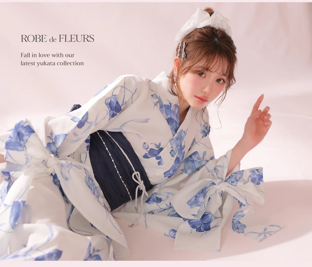 Ribbon Sleeve Flower Yukata Navy 3