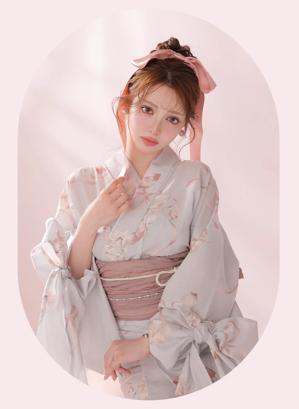 Ribbon Sleeve Flower Yukata Pink 1