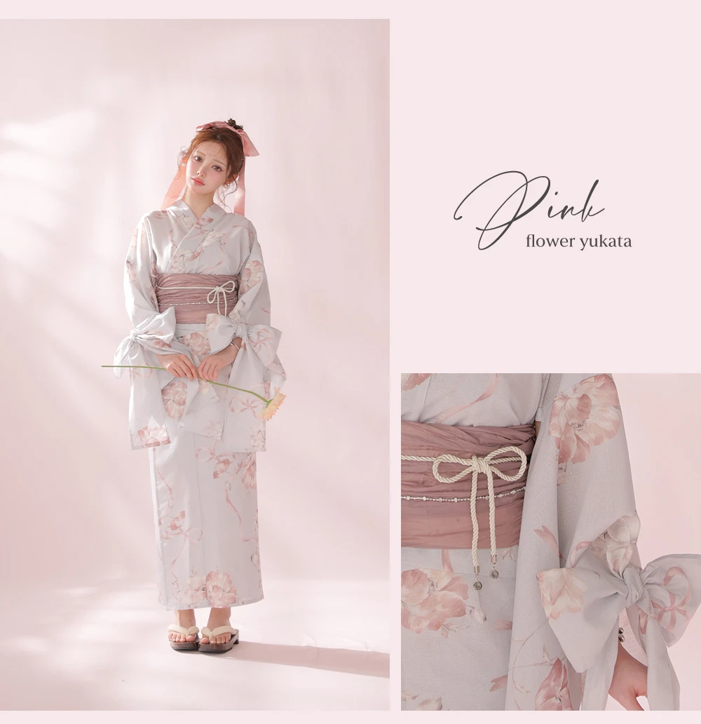 Ribbon Sleeve Flower Yukata Pink 2