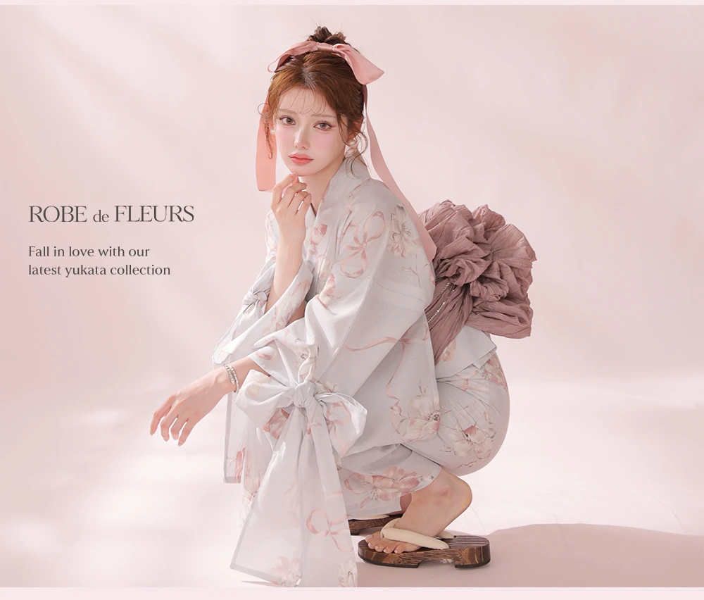 Ribbon Sleeve Flower Yukata Pink 3