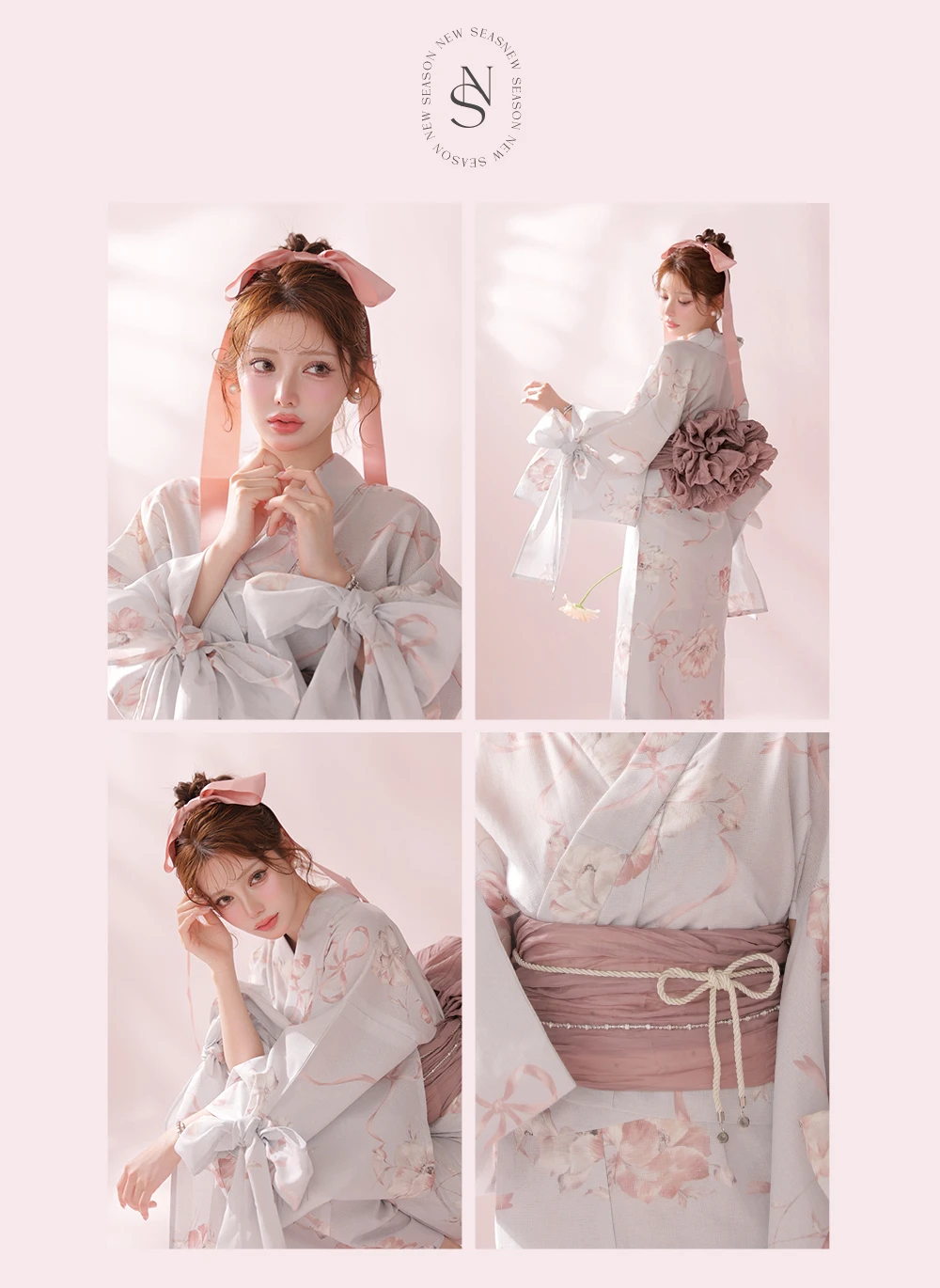 Ribbon Sleeve Flower Yukata Pink 4