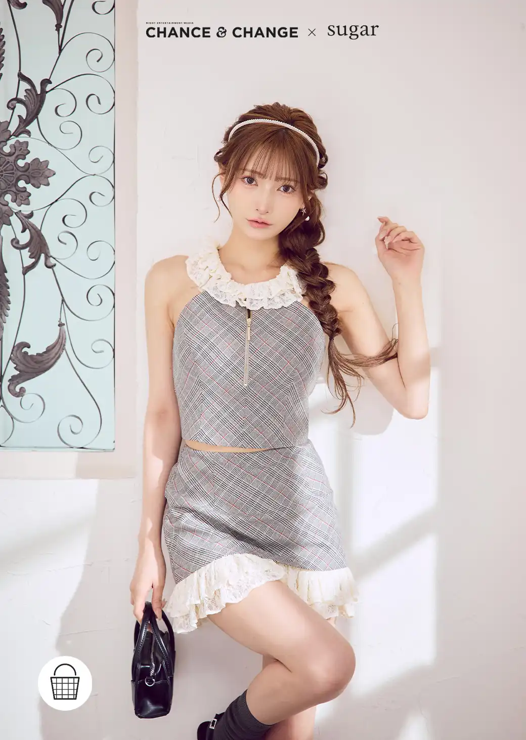 【ROBE de FLEURS/ローブドフルール】2way/ 襟付き/ チェック柄/ レース/ フロントジップ/ フレア/ セットアップ/ ミニドレス/ キャバドレス