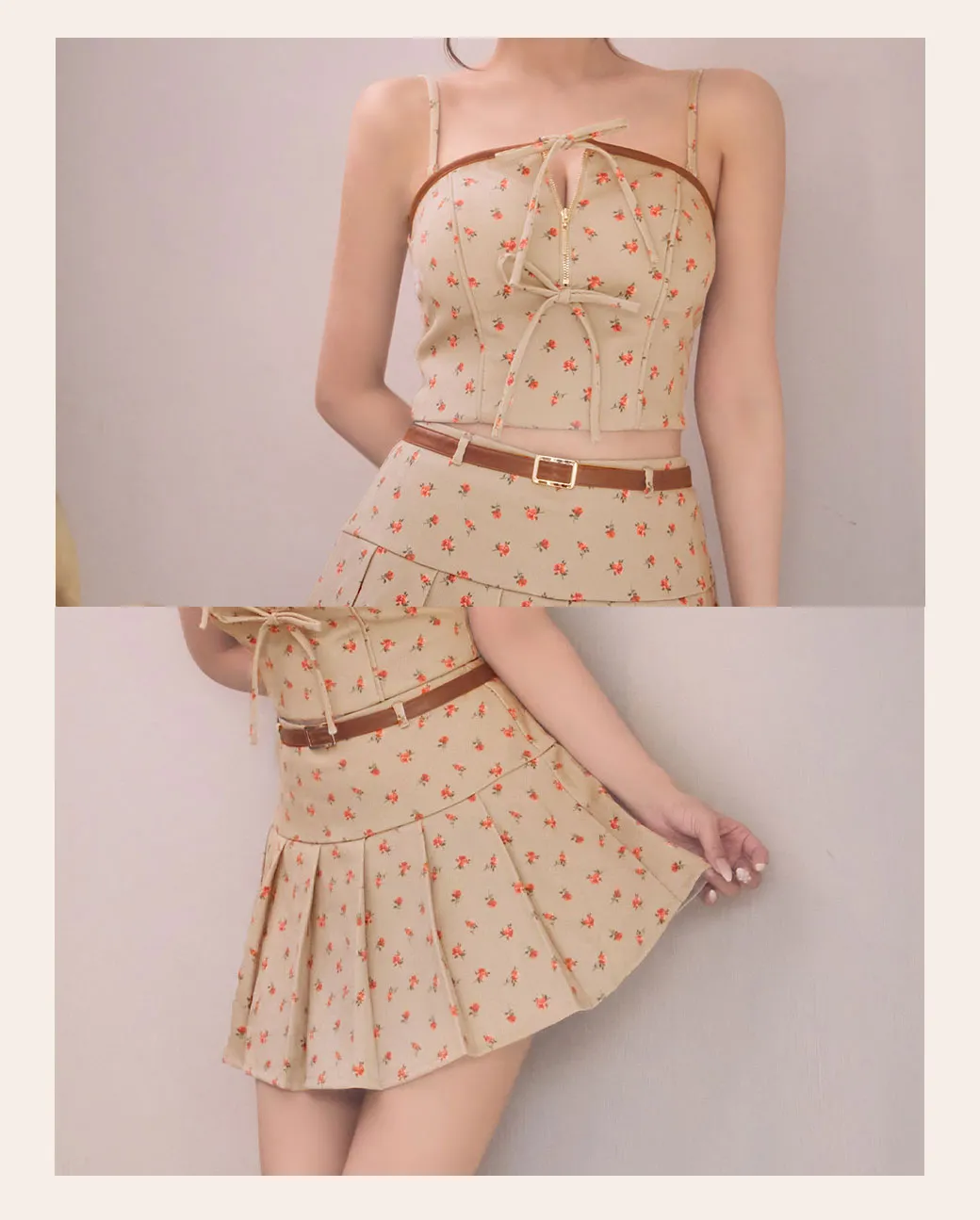 FM4355 ROBE de FLEURS 小花柄/ レザーパイピング/ プリーツ/ セットアップ/ フレア/ ミニドレス/ キャバドレス ディテール画像1
