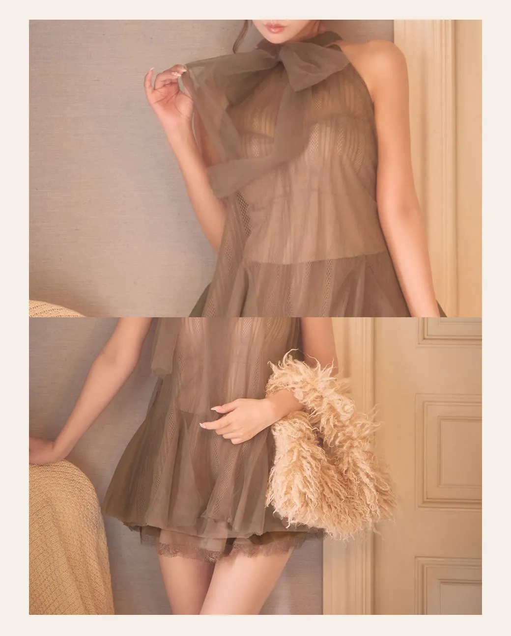 FM3486 ROBE de FLEURS ハイネック/ ウエストリボン/ フレア/ セットアップ/ ミニドレス/ キャバドレス ディテール画像1