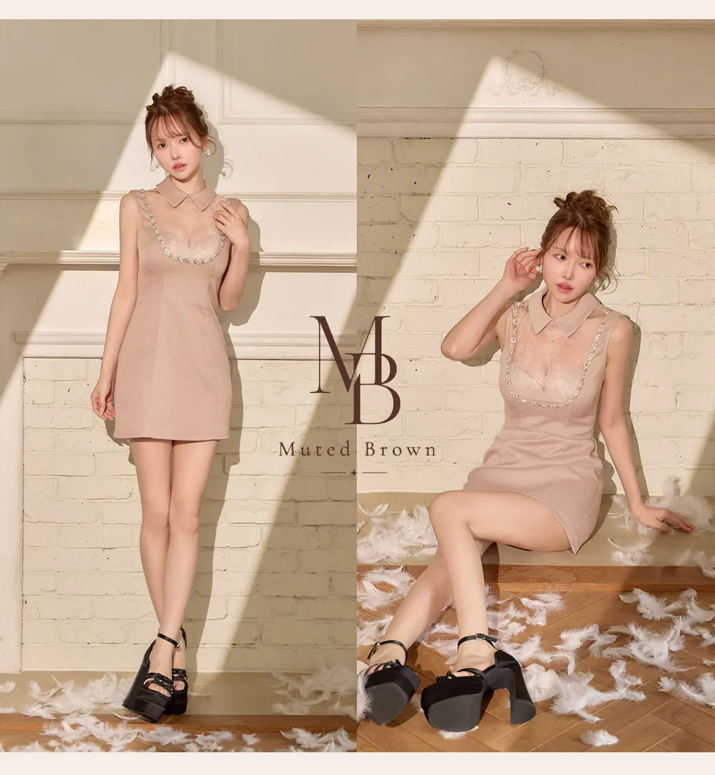 FM3447 ROBE de FLEURS ビジュー/ シアー/ チュール/ タイト/ ミニドレス/ キャバドレス ディテール画像2
