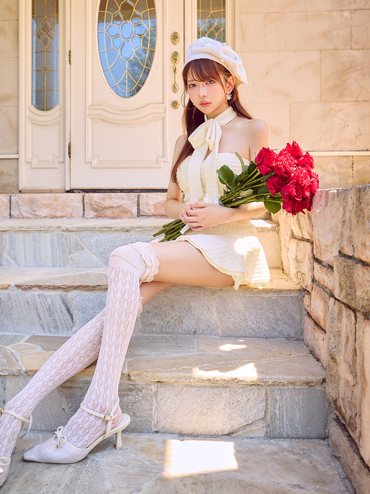 FM4394 ROBE de FLEURS アイボリー ホルターネック リボンミニドレス Romantic Ribbon