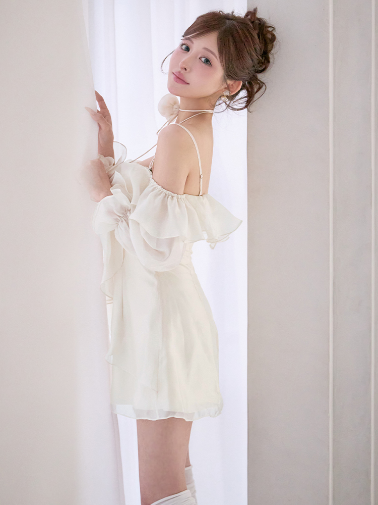 ANGEL R オフショルダー×立体フリル フレアシフォンミニドレス