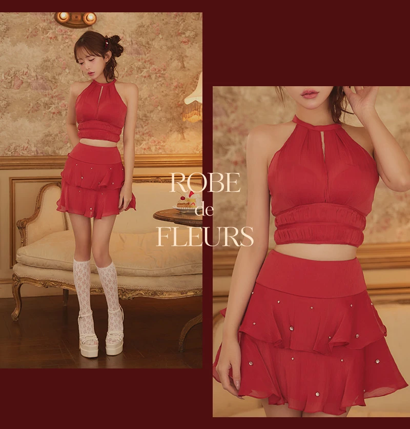 【ROBE de FLEURS/ローブドフルール】サテンホルターネックティアードフレアミニドレス 2