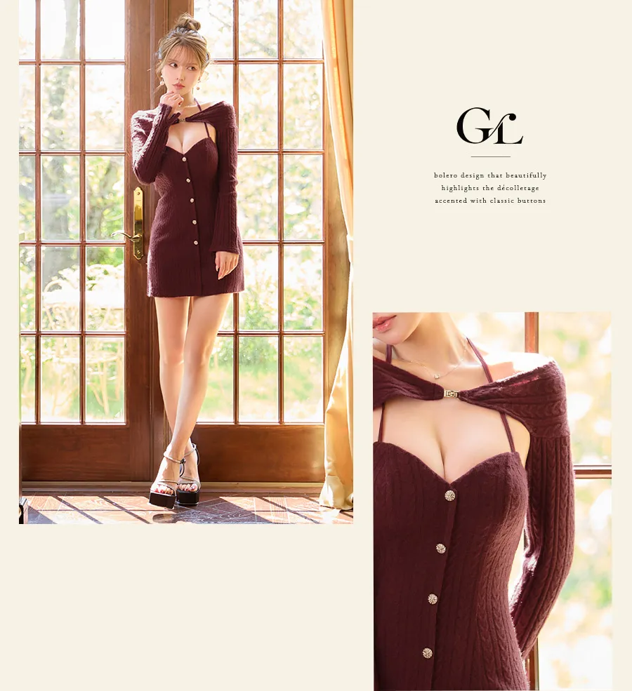 ROBE de FLEURS by Glossy ボレロデザインニットミニドレス レッド 上半身ディテール
