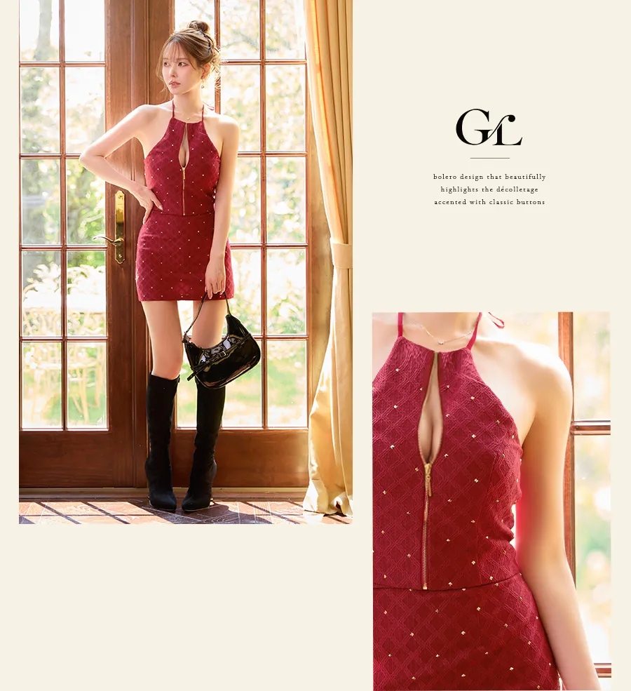 ROBE de FLEURS by Glossy スタッズデザインミニドレス レッド デコルテディテール